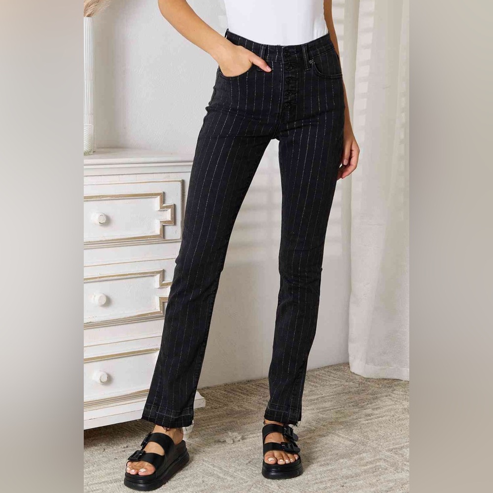 Kancan Limited Edition Metallic Striped Black Denim Relaxed Skinny Jeans Raw Hem